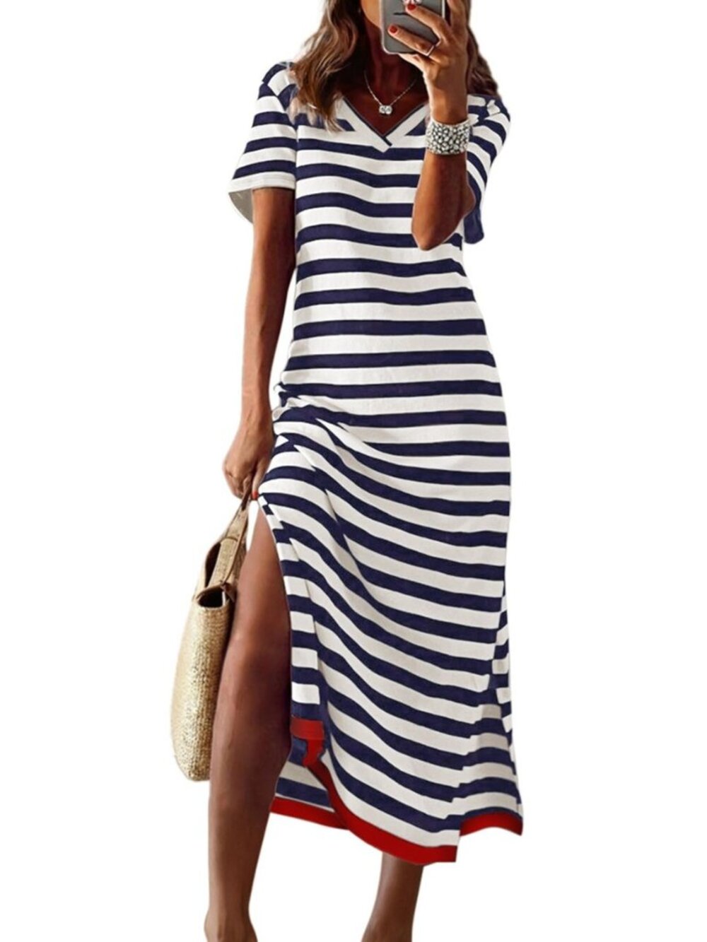 Womens 2026 Short Sleeve Maxi Dress Striped Split T Shirt Dress